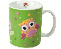 child mug made of porcelain, owl and stars, green