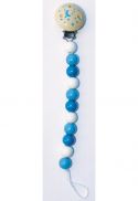 With blue and white wooden beads...